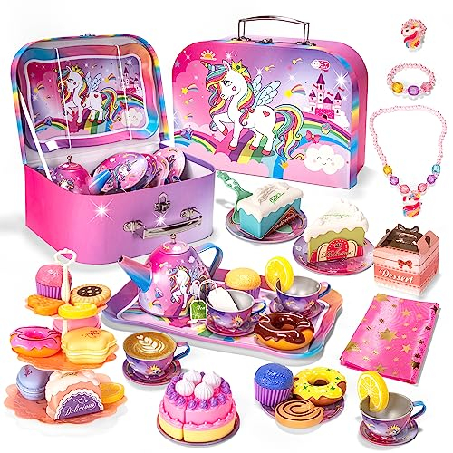 Unicorn Tea Set for Little Girls, Toddler Tea Party Set with Carry Case, Pretend Teapot Dessert Tea Cup Set Food Playset Princess Toys, Christmas Birthday Gifts for Age 3 4 5 6 Year Old Girl