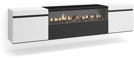 Skraut Home | Mobile TV Soggiorno | Ampio spazio a disposizione | 200x45x35cm | Per TV fino a 80 | Camino elettrico | Sospeso, da appendere | Stile moderno | Bianco e nero