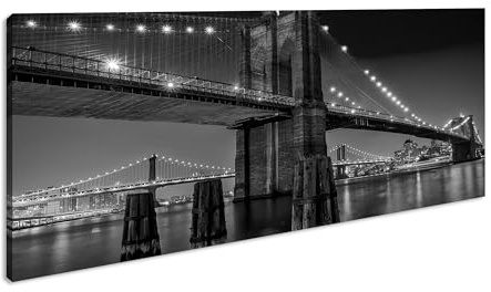 Brooklyn Bridge in New York Panorama 100 x 50 cm effekt: svartvit som canvasbild, motiv färdiginramat på äkta träram, högkvalitativt digitalt tryck med ram