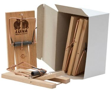 Jute und Fallenquelle® Holz Mausefalle aus Buchenholz mit Wippe und Köderhaken ** die Falle mit der Katze ** (5 Stück Packung)