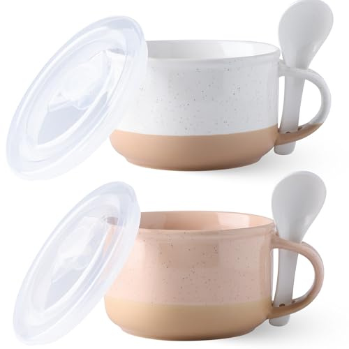 GBhome Ceramic Soup Mugs with Handles and Lids,24 OZ Soup Cups Set of 2 with Terracotta Underside,Mug Bowls with Spoon for Soup/Cereal/Salad/Noodles/Ramen/Microware &Dishwasher Safe-White &Peach