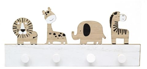 Kindergarderobe mit Safari-Tiermotiv, Wandmontage, aus Holz, für Kinderzimmer, dekorative Wandhaken, 4 Haken, Dschungeltiere, Kinder-Kleiderbügel für die Wand