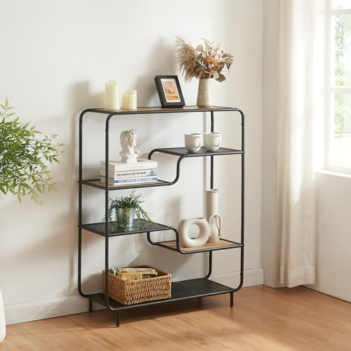 [en.casa] Scaffale da Terra per Soggiorno Consolle Stretto con 6 Piani di Appoggio Libreria Bassa Moderna 101 x 80 x 30 cm Effetto Rovere/Nero