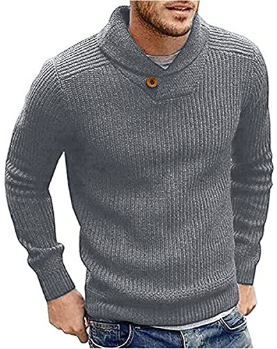Runcati Mens Jumper Shawl Collar Fine Knit Pullover Winter Elegant Sweater Regular Fit Knitwear Tops, Grey, L