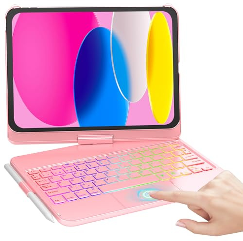 MMK Funda Teclado para iPad 11ª Generación A16 2025 y 10ª Generación 2022 con Touchpad, Giratoria de 360° & 7 Teclas retroiluminadas de Color & Conexión inalámbrica Bluetooth con Ranura de Lápiz