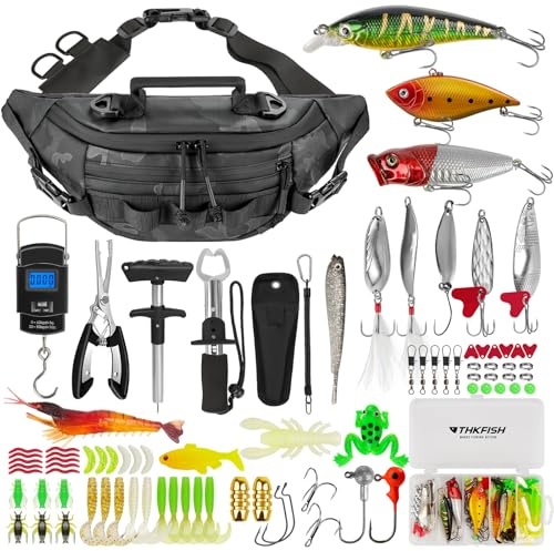 THKFISH Borsa a tracolla da pesca da 85 pezzi con scatola inclusa per kit di attrezzatura da pesca a mosca, marsupio impermeabile con attrezzi da pesca, esche, kit di pinze per pesci, pinza per labbra