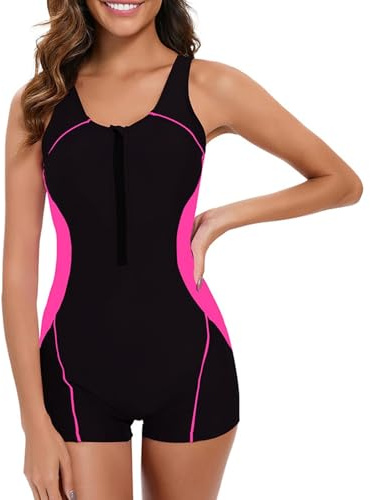 FUPODD Badeanzug Damen Bauchweg Sport Badeanzüge Für Damen Bauch Weg Mit Bein Curvy Bademode Einteiler Vorne Reißverschluss Bikini Set Einteilig Shapewear Monokini Frauen Push Up Badeanzug Einlagen