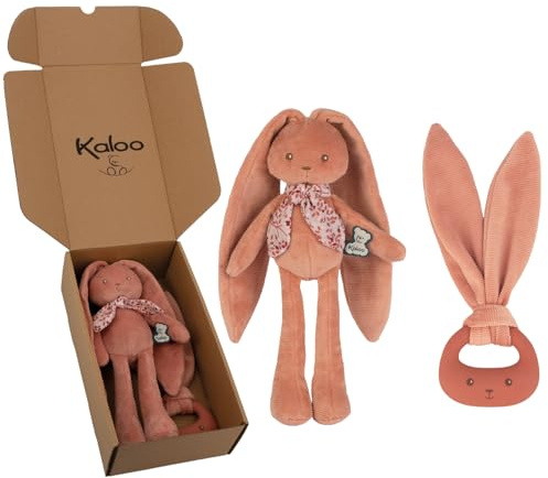 Kaloo - Baby Gift Set - 2 Pieces : Rabbit Puffin 25 cm + Silicone Teething Ring - Lapinoo - Terracotta Colour - from Birth - K390040