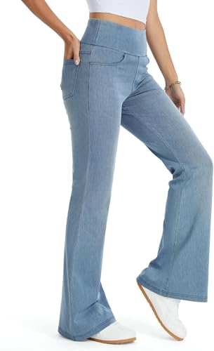 THE GYM PEOPLE Women's Wide Leg Flared Jeans High Waist Stretchy Jeggings | Inseam 29''/31'', 4 Pockets, Pull on, Tummy Control, Breathable, Bell Bottom, Bootcut, Butt Lift, Fashion Work Trip Caual