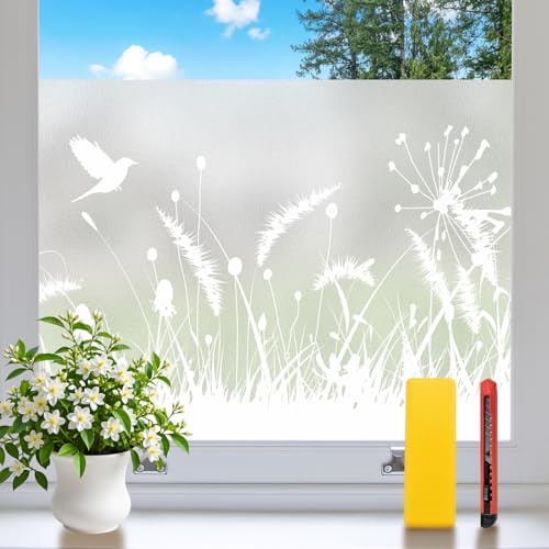 Niviy Fensterfolie Blickdicht Fuchsschwanzgras Sichtschutzfolie Fenster Statische Milchglasfolie ohne Klebstoff Anti-UV Geeignet für Badezimmer,Büro,Küche 44.5 x 200 cm mit Werkzeug