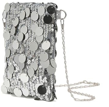 Glitzer Tasche Damen Pailletten mit Reißverschluss Silber Umhängetasche Clutch Elegante Party Handtasche Glitzertasche Hochzeit Schultertaschen Bag Stilvoll Kettentasche (Silver, One Size)