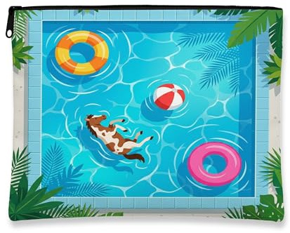Horses Makeup Bag, Cute Pool Lifebuoys Tropical Cosmetic Travel Pouch for Women Girls, Portable Small Canvas Zipper Organizer, Animal Toiletry Bag 7x9 Inch