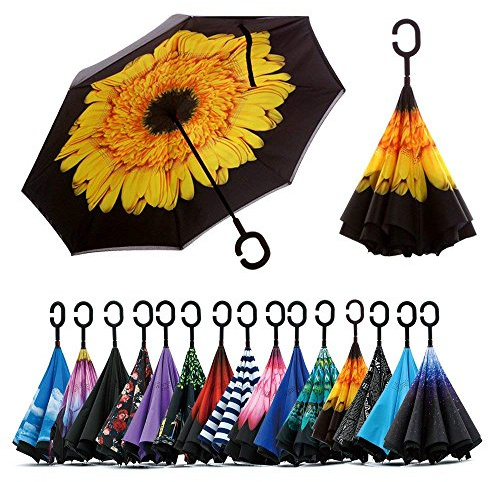 Jooayou Doppio Strato Invertito Ombrello, Manico a Forma di C Ombrello Ribaltabile Inverso, Anti UV Antivento Umbrella di Viaggio