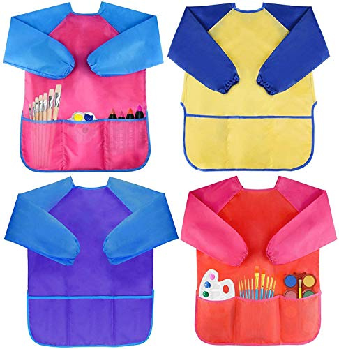 Amaza 4Pcs Grembiule da Pittura Scuola Grembiulino Maniche Lunghe Bambini 2-8 Anni (Giallo & Rosa & Blu & Rosso)
