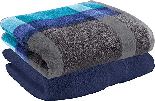 Erwin Müller Duschtuch-Set Streifen 2er-Pack Walk-Frottier türkis/Marine/grau Größe 70x140 cm