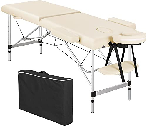 Yaheetech Folding Massage Table Portable Salon Couch Bed Professional Beauty Tattoo Therapy Table Adjustable 2 Sections Aluminum Cream