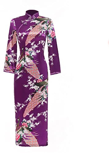 Chinese Dress - Plus Size Shanghai Faux Silk Floral Qipao Vintage Chinese Style Dress Chinese Oriental Dress Peacock Cheongsam Long Chinese Dress,Peacock Purple,6XL