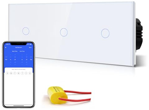BSEED Interruptor de Luz Táctil WiFi Inteligente,Panel de Cristal,Compatible con Alexa, Smart Life y Tuya (No Necesita Cable Neutro),1 Gang 1 Vía,228mm Blanco