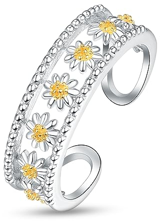 KINGWHYTE Gänseblümchen Ring 925 Sterling Silber Daisy Ring Einstellbar Gänseblümchen Offene Ringe Schmuck Geschenke für Frauen Mädchen