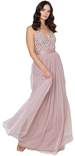 Maya Deluxe Maya Berry Embellished Halter Neck Maxi Dress Robe de Demoiselle d'honneur, Rose givré., 38