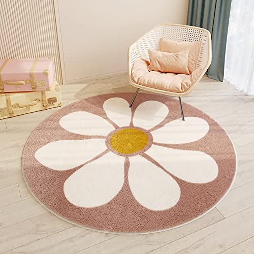 Rug-QJDDUP Rund Dekorative rutschfest Waschbar Teppiche abstrakte hellbraune weiße Blumen Kurzer Plüsch Wohnzimmer, Kinderzimmer, Babyzimmer Runder Teppich ø 100 cm