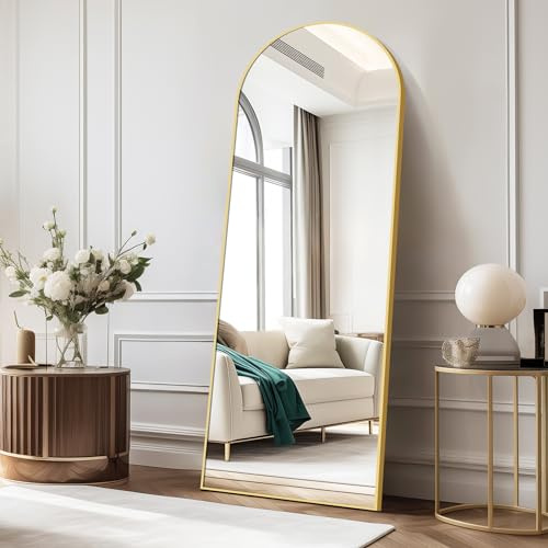 COFENY Espejo de Pie Cuerpo Entero Curvado, Espejos Grandes de Pared con Marco de Aluminio 161 x 52 cm, Espejo de Pie Inclinado o Colgante para Salón, Dormitorio, Entrada, Dorado