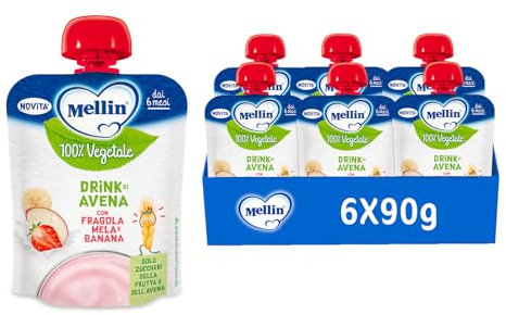 MELLIN Merenda 100% Vegetale, Pouch Avena, gusto Mela Fragola e Banana 90g, Senza Zuccheri Aggiunti - 6 Confezioni da 90g