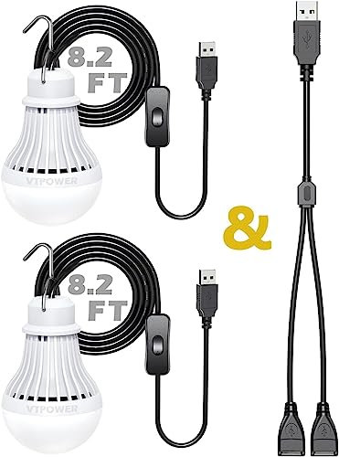 2 Pack USB Light Bulb, USB LED Camping Light Lantern, 8ft Extra Length Cord Tent Light with USB Y-Cable, Portable LED Bulb for Garage Warehouse Car Truck Fishing Boat Room Emergency Light, White