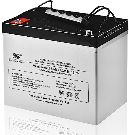 Sunstone Power - Batteria ricaricabile 12 V, 70 Ah, batteria AGM al piombo, batteria di ricambio per alimentazione di emergenza, illuminazione solare, impianto fotovoltaico, senza manutenzione