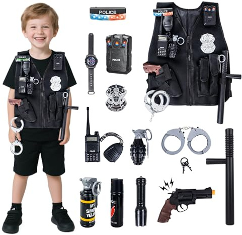 KalaDuck 14Pcs Police Costume for Kids, Pretend Play Swat Vest with Toys Accessories, Role Play Cop Costumes Outfit Dress up Set for 4-6 6-8 Ages, Swat Costume for Kids