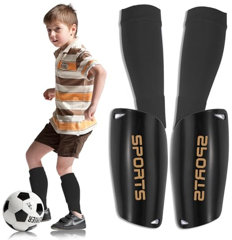 Abeillo Espinilleras de fútbol, espinilleras de alta elasticidad + espinilleras para niños (5-12años), espinilleras de fútbol con mangas, equipo de protección de piernas y pantorrillas, color negro