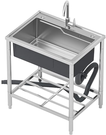 Fregadero de cocina de restaurante comercial independiente, juego de fregadero de servicio de un solo tazón de acero inoxidable con estante de almacenamiento, fregadero de lavandería