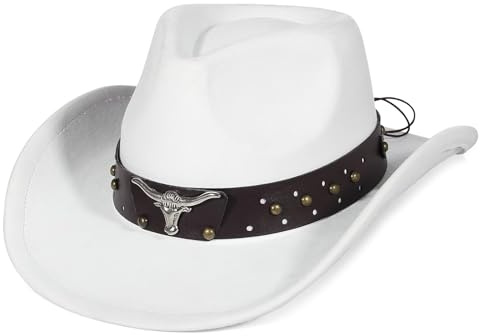 EOZY Sombrero de vaquero de ante estilo occidental, correa desmontable, vintage, gamuza, festival, protección ligera, unisex, 56-58 cm, blanco, Western