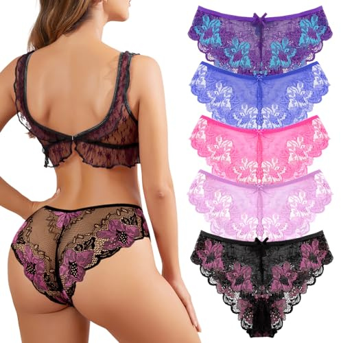 Getervb Lot de 5 Culottes en Dentelle pour Femme sans Couture Slip Femme Sexy Chic sous-Vêtements Douces Hipster Multipacks