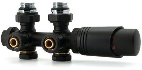 VANCOCO Noir Kit Multibloc Universel Pour Radiateur, Raccordement Central avec 50mm, Vannes Thermostatiques Pour Radiateur et Chauffage