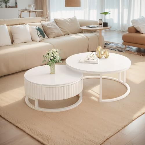 GonTzolkin Runder Couchtisch Weiß 2er Set Moderne Wohnzimmertisch Rund Marmor Couchtisch Mit Stauraum Holz Beistelltisch Weiss Metallrahmen Satztische Fürs Wohnzimmer Schlafzimmer Büro