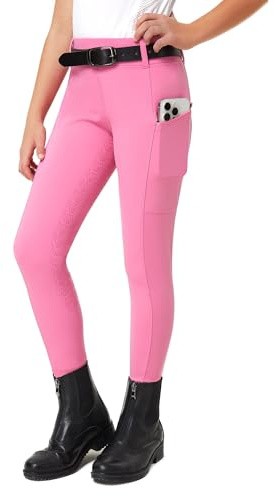 FitsT4 Sports Pantalones de equitación para niños y niñas, pantalones de equitación, de silicona, con ribete completo, pantalones de verano, con 2 bolsillos laterales y trabillas para cinturón, Rosa