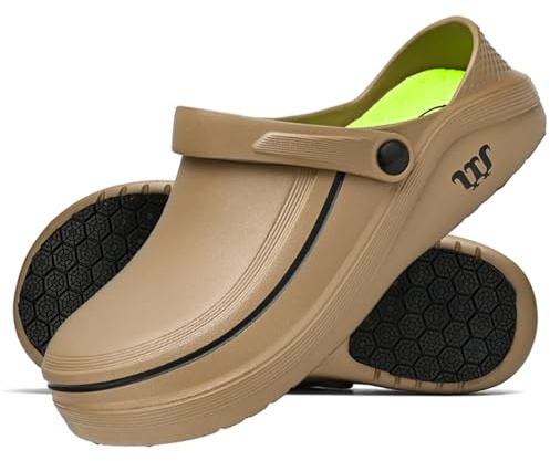 SECHRITE Men's and Women's Work Clogs - Unisex Garden Chef Shoes for Women and Men Non Slip Waterproof Slip on Mules Nurse Kitchen Food Service Restaurant Shoes Zapatos de Chef Cocina Khaki 37-38