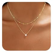 VIROMY Collier en Or Pour Femmes Collier à Pendentifs En Zirconium Plaqué Or 14k Superposé Chaîne Tour De Cou Chaîne De Perles Plates Bijoux Simples Et Délicats Pour Femmes