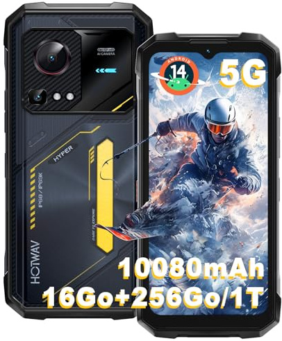 HOTWAV Hyper 7S Téléphone Portable Incassable, 16Go+256Go/TF 1To, 10800mAh, 21MP+8MP Caméra, Écran 6.6 HD+, Android 14 Smartphone Incassable, 5G Dual SIM, NFC, Face ID, OTG, GPS, Lampes de Camping