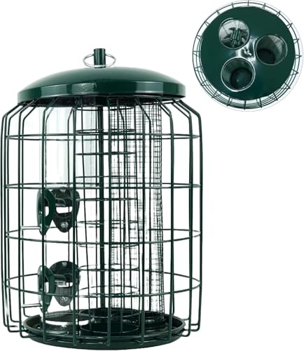 DIVCHI 3-in-1 Squirrel Proof Bird Feeder – Green Metal Hanging Feeder for Seeds, Nuts & Fat Balls – Outdoor Wild Bird Feeder for Garden, Balcony – Squirrel Resistant Design