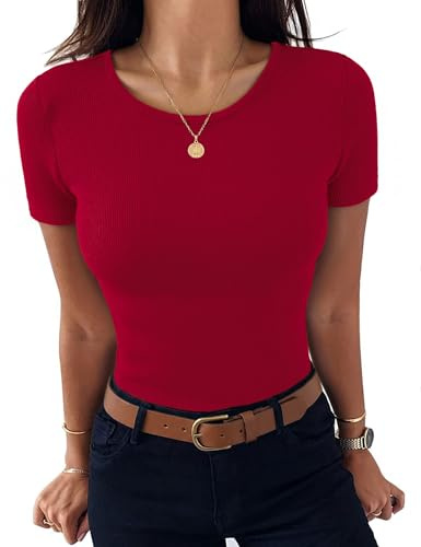 Aottori T Shirt Femme Manches Courtes Col Rond Été Haut Côtelé Top Slim Uni | Doux et extensible, maille côtelée légère, tenue ajustée, confort quotidien, facile à porter seul ou sous une veste