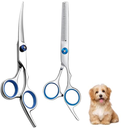 URYVAIW 2 Pezzi Forbici per Cani, Forbici Curve + Forbici a Denti Acciaio Inossidabile per Toelettatura Cani & Gatti