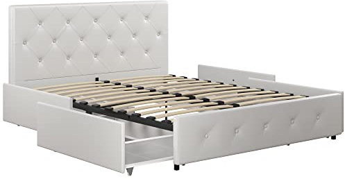 DHP Furniture Dakota Bett mit Stauraum, weißes PU, King Size