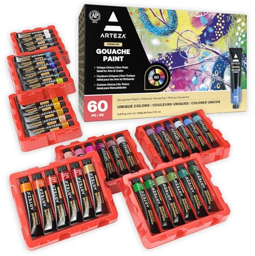 ARTEZA Gouache Paint, Set of 60, 12ml/0.4 US fl oz Gouache Paint Tubes for Professionals and Students