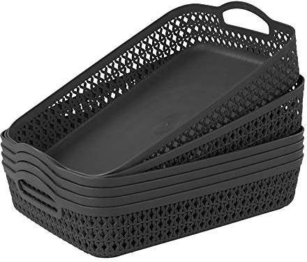 Zerdyne Set of 6 Large Plastic Storage Basket Tray, Gray Shallow Kitchen Storage Basket Tray with Handle