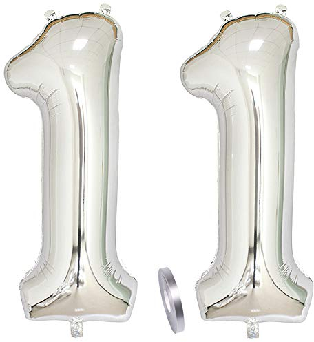 2 Luftballons Zahl 11, Nummer Luftballon Silber Mädchen Junge Jungs,40 Riesen Aufblasbar Helium Folienballon Silver Ballons Figuren für Geburtstag 11.Jahre Kinder Jungen Party Dekoration (xxxl 100cm)