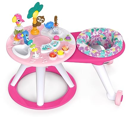 Bright Starts, Around We Go Tropic Coral 2-in-1 Spielstation & Lauflernwagen, Spieletisch mit Lichtern & Musik, 10 Aktivität Spielzeug, motorische Entwicklung, rosa, ab 6 Monaten