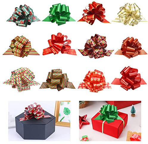 JUNMEIDO 12pcs Lazos Grandes Lazos de Tirar de 12 Colores Arcos de Navidad para Regalo Moños de Regalo Grandes de Plastico para Decorar Regalo Navidad Boda Fiesta Coche- 4 * 12CM