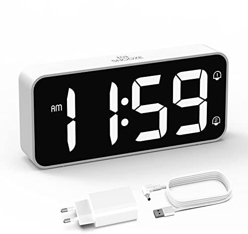 HOMVILLA Reveil, Réveil Numérique avec Grand écran LED, 5-100% Luminosité, 90-120 DB Volume, 2 Alarmes, 12/24H, Fonction Snooze, Reveil sur Secteur (Adaptateur Inclure) Blanc